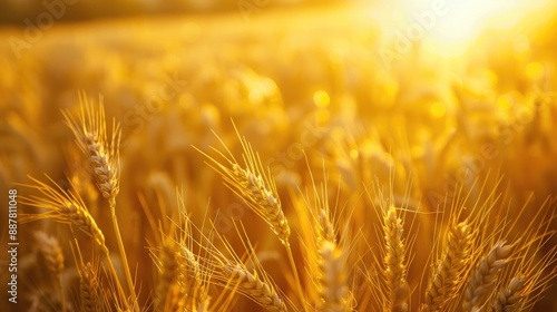 Barley cultivation in golden farmland at sunset photo