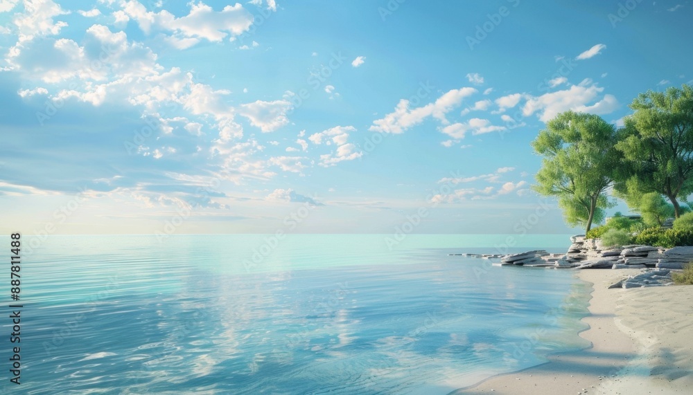 Tranquil Shoreline With Blue Sky and White Clouds on a Sunny Day Tranquil Shoreline With Blue Sky and White Clouds on a Sunny Day