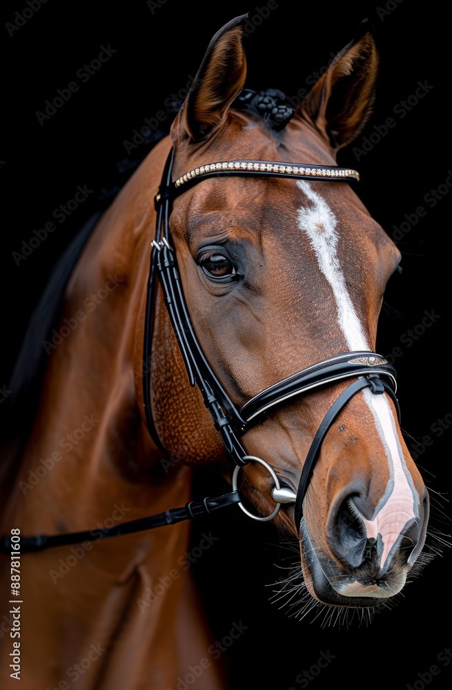 Fototapeta premium Portrait of a Brown Horse with a Black Bridle