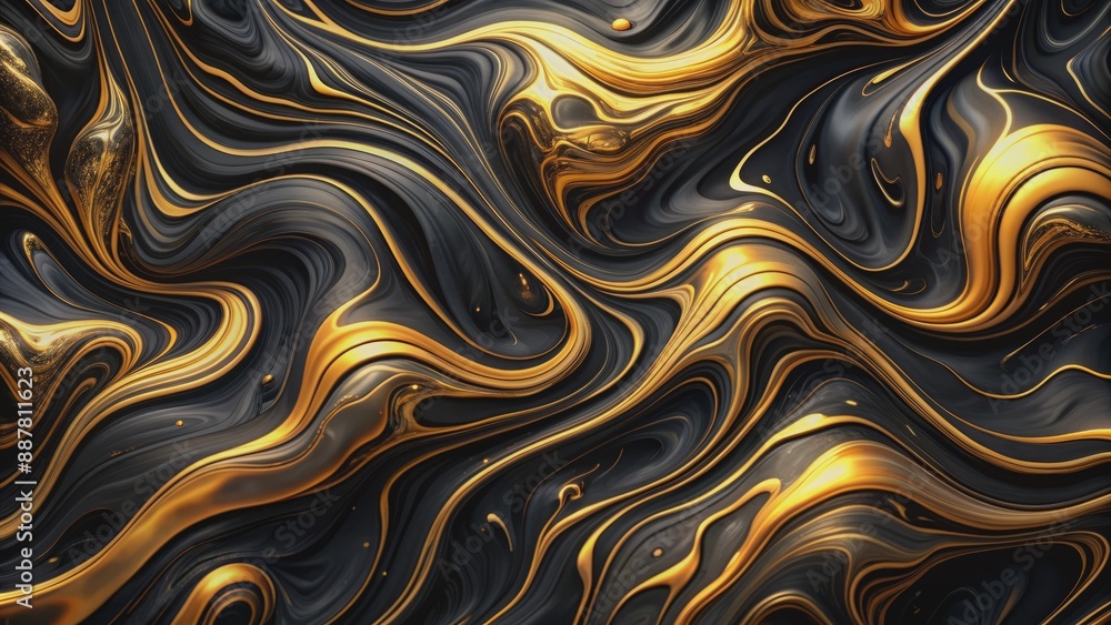 Obraz premium 1. Create a mesmerizing 4K wallpaper of iridescent liquid black marble with intricate gold textures and abstract melted patterns.