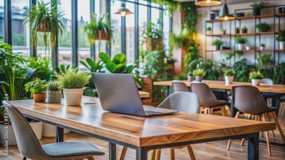 Modern laptop on wooden table surrounded by empty chairs and decorative plants in trendy coworking space with natural light. Modern laptop on wooden table surrounded by empty chairs and decorative plants in trendy coworking space with natural light.