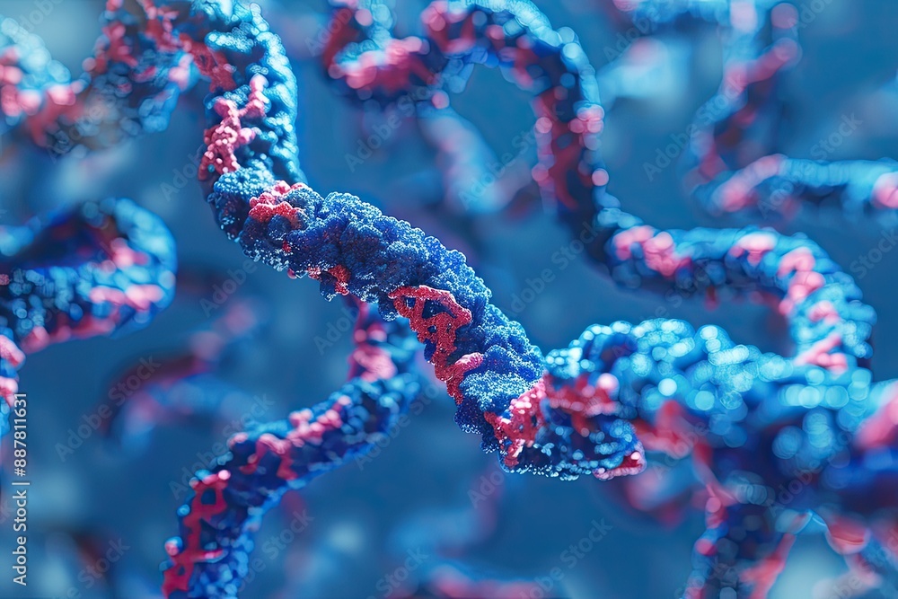 A close-up of two blue strands representing DNA, with one strand broken and the other showing an arrow pointing to it A close-up of two blue strands representing DNA, with one strand broken and the other showing an arrow pointing to it