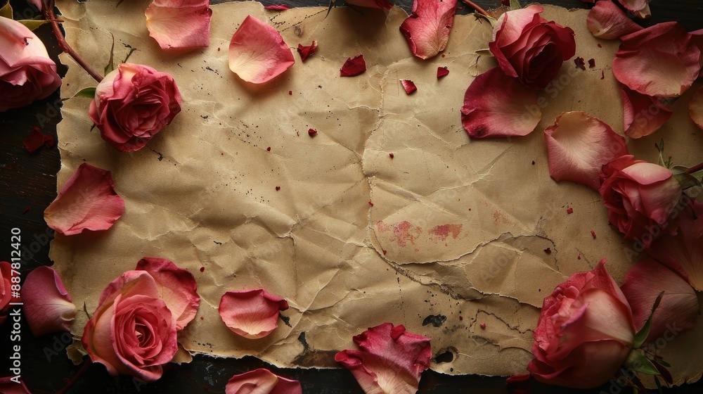 Roses and petals on aged paper with black background Roses and petals on aged paper with black background