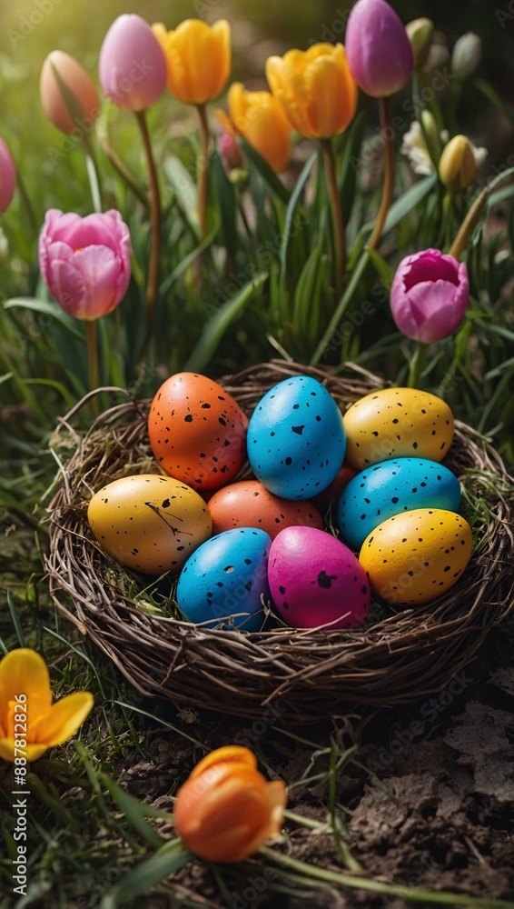 Vibrant Easter eggs and flowers, minimal nature backdrop, celebrating spring holidays Vibrant Easter eggs and flowers, minimal nature backdrop, celebrating spring holidays