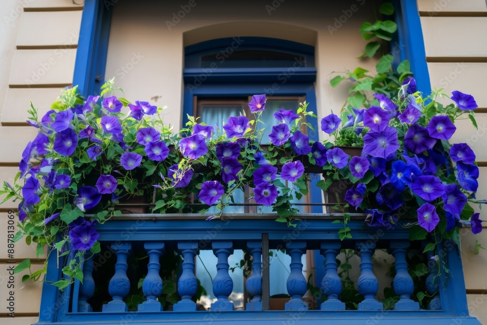 Fototapeta premium Purple morning glory flowers on a house balcony 