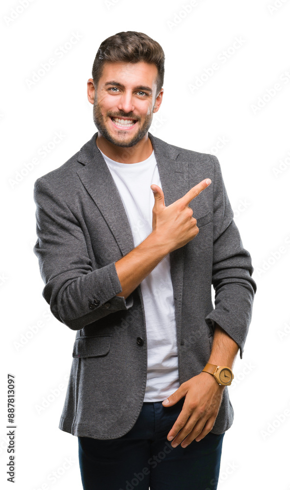 Young handsome business man over isolated background cheerful with a smile of face pointing with hand and finger up to the side with happy and natural expression on face looking at the camera. Young handsome business man over isolated background cheerful with a smile of face pointing with hand and finger up to the side with happy and natural expression on face looking at the camera.