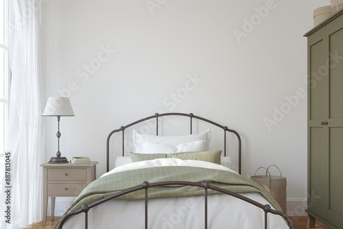 Modern farmhouse bedroom. 3d render.