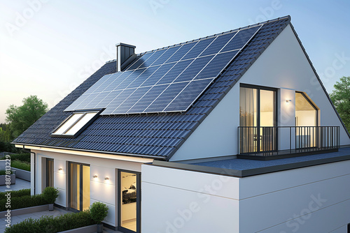 Modern Eco-Friendly Home with Solar Panels. Energy efficiency or sustainable living concepts