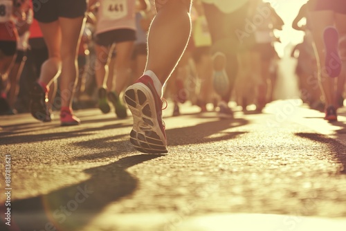 A group of runners in sunlight during a marathon.