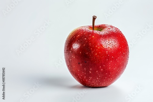 Single red apple with water droplets on a white background, emphasizing its fresh and juicy appearance.