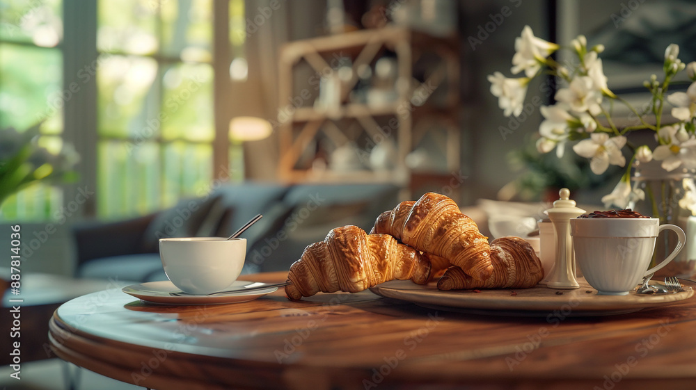 Cozy Coffee Morning Latte and Freshly Baked Croissants. cozy coffee morning, latte, freshly baked croissants, coffee and croissants, breakfast scene, coffee shop, morning coffee, bakery, Cozy Coffee Morning Latte and Freshly Baked Croissants. cozy coffee morning, latte, freshly baked croissants, coffee and croissants, breakfast scene, coffee shop, morning coffee, bakery,