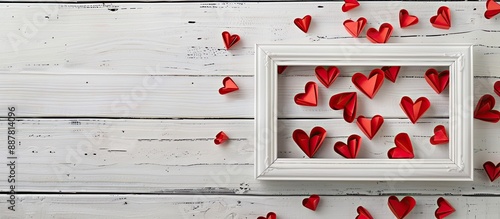 Valentine s Day themed mockup featuring a white photo frame adorned with red paper hearts on a white wooden background Top view flat lay with ample copy space image available photo