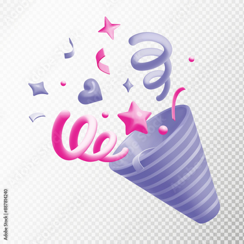 3D firecracker with confetti and serpentine. Holiday popper explodes. 3D render. Party and event celebration. Minimal vector illustration in purple-pink palette isolated on transparent background.