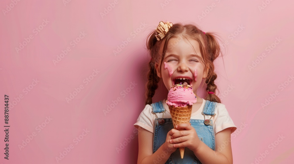 A little child holding an ice cream and eating over plain background. A little child holding an ice cream and eating over plain background.