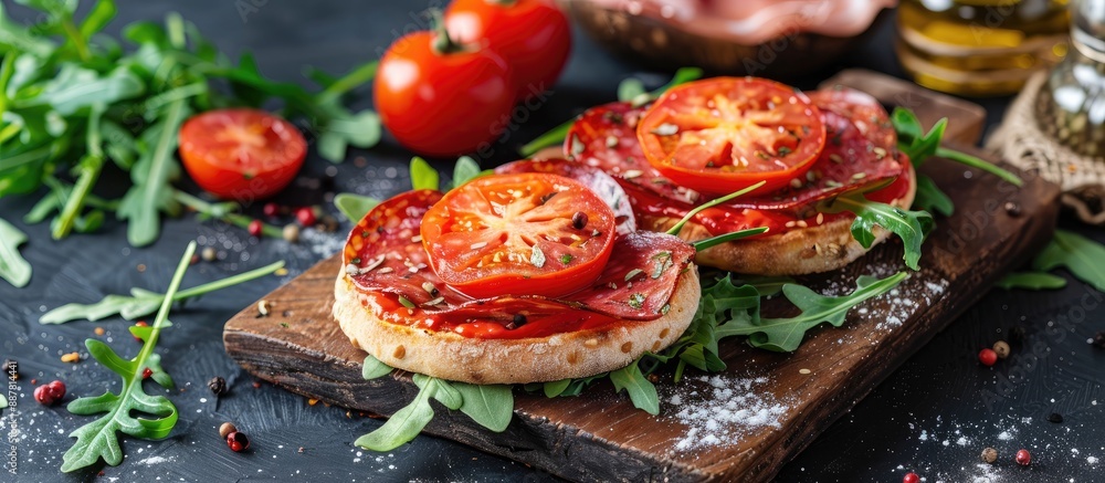 A cheese pizza burger filled with tomatoes bacon pepperoni salami and arugula displayed in a copy space image A cheese pizza burger filled with tomatoes bacon pepperoni salami and arugula displayed in a copy space image