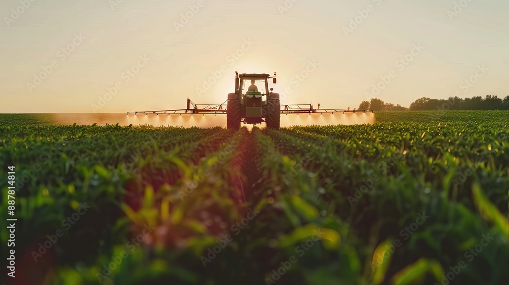 Tractor spraying pesticides on soybean field with sprayer at spring. AI generated illustration Tractor spraying pesticides on soybean field with sprayer at spring. AI generated illustration
