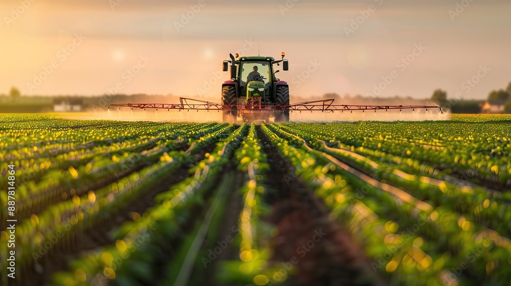 Tractor spraying pesticides on soybean field with sprayer at spring. AI generated illustration Tractor spraying pesticides on soybean field with sprayer at spring. AI generated illustration