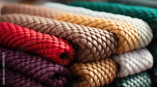 Knitted woolen sweaters and scarves as background, closeup 