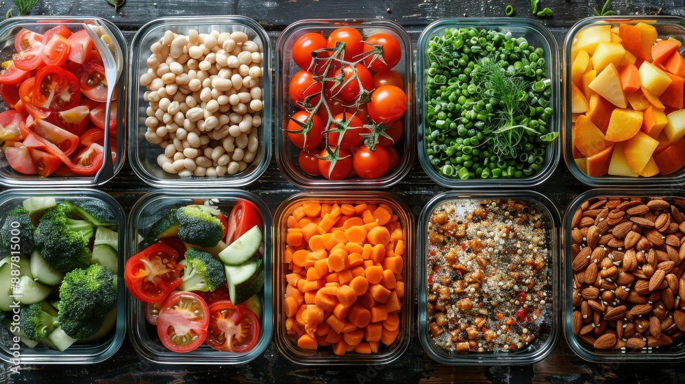 Vibrant meal prep layout featuring fresh vegetables and fruits in glass containers. Perfect for healthy eating and meal planning ideas.. Vibrant meal prep layout featuring fresh vegetables and fruits in glass containers. Perfect for healthy eating and meal planning ideas..