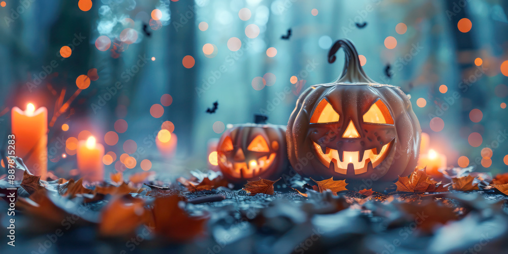 Halloween pumpkins Jack O Lantern with glowing faces surrounded by candles and autumn leaves in a spooky forest setting. Halloween pumpkins Jack O Lantern with glowing faces surrounded by candles and autumn leaves in a spooky forest setting.