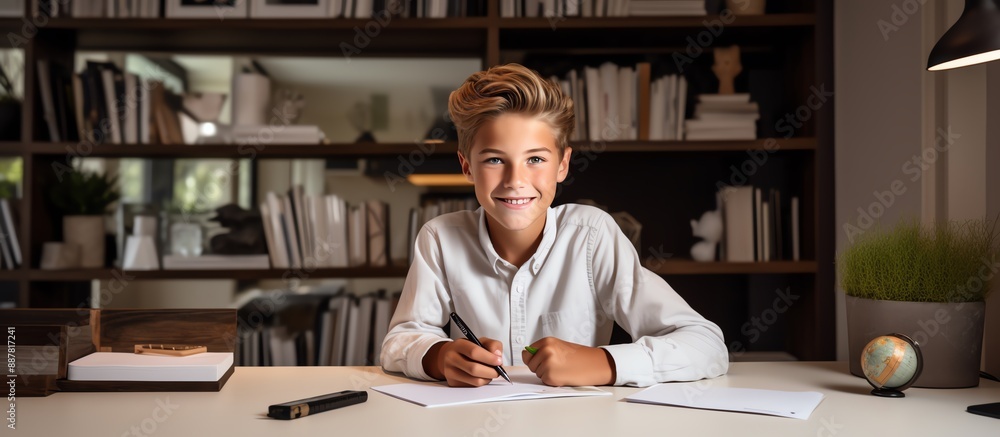 Fototapeta premium Happy school boy writing at a desk, looking at the camera and smiling while doing homework in the style of a modern home office room with white shelves