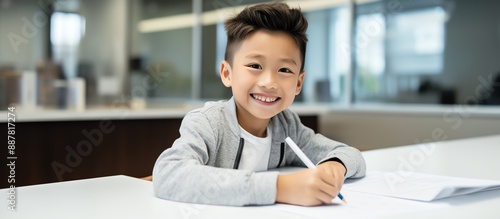 A happy young boy is sitting at a table and drawing with a white pen, wearing a brown jacket over his t-shirt in a modern office room