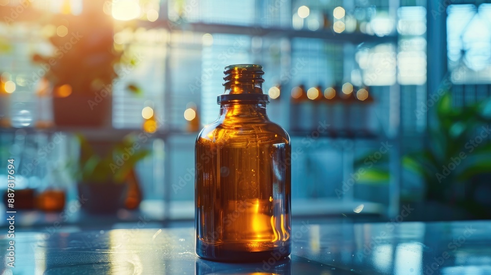 Pure acetone solution in amber bottle with selective focus in laboratory setting Pure acetone solution in amber bottle with selective focus in laboratory setting