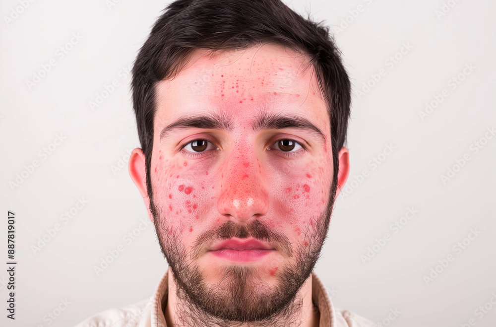 Obraz premium Rosacea & Skin Conditions : Men's Faces, copy space Treatment. Close-up of Couperose, Vascular Stars, Capillaries, Freckles, Back Rashes. Dermatology Insights