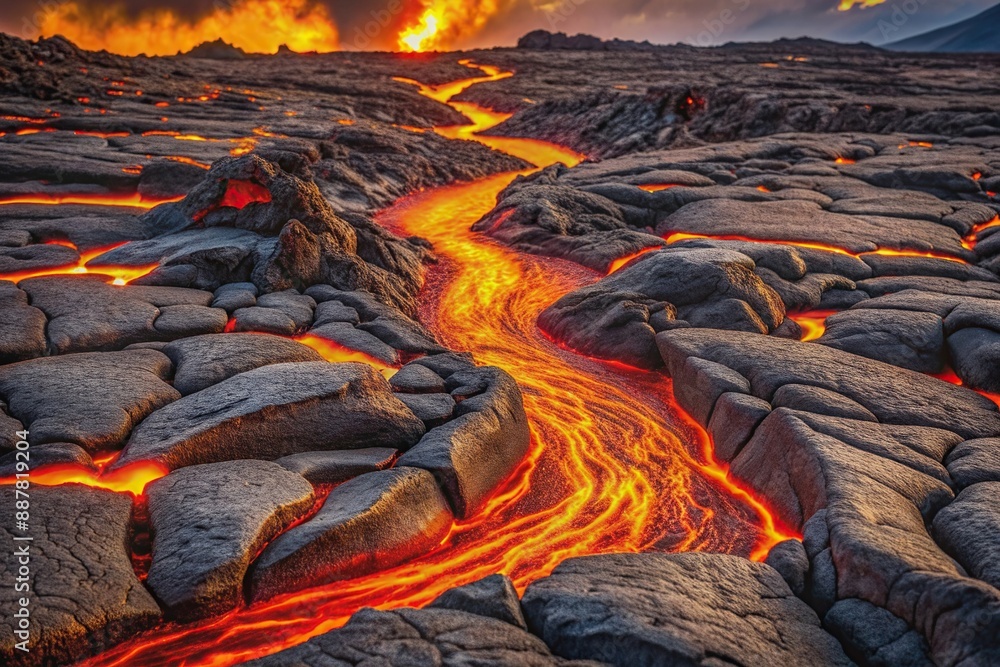 Molten lava flowing through jagged cracked rocks, Eruption, Volcano ...