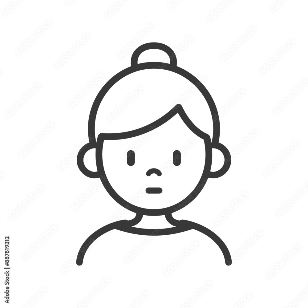 Fototapeta premium Line Art Icon: Young Woman with Topknot, Neutral Expression