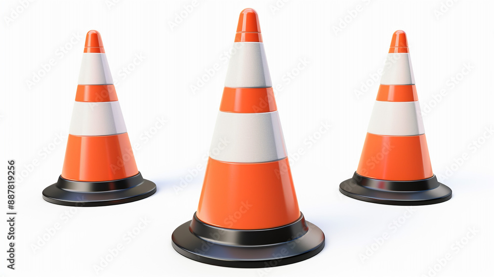 3D rendir of traffic cones with white and orange stripes isolated on white background. 3D render, traffic cones, orange and white stripes, isolated on white, road safety, traffic safety, 3D rendir of traffic cones with white and orange stripes isolated on white background. 3D render, traffic cones, orange and white stripes, isolated on white, road safety, traffic safety,