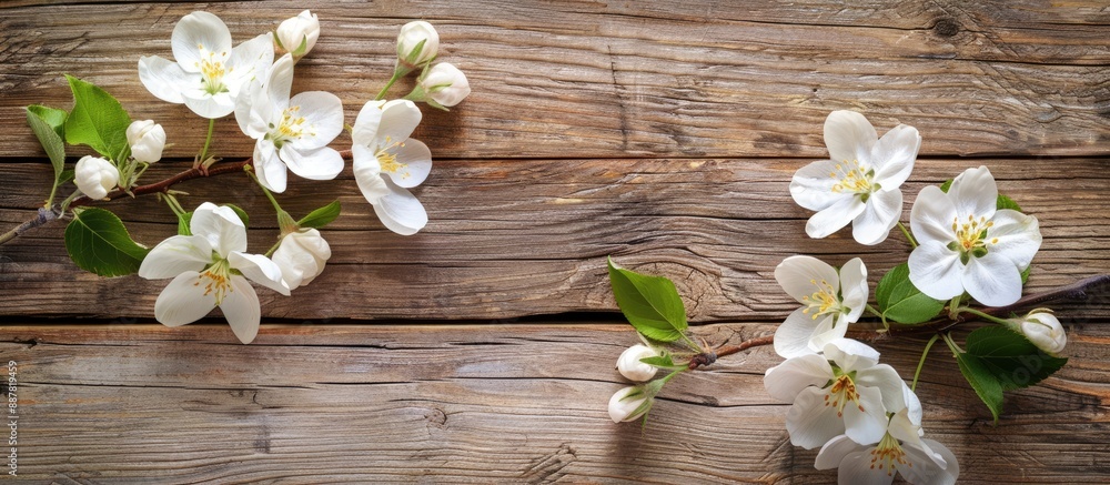 Fresh white apple tree flowers on a wooden background make a stunning spring image with room for text. with copy space image. Place for adding text or design Fresh white apple tree flowers on a wooden background make a stunning spring image with room for text. with copy space image. Place for adding text or design