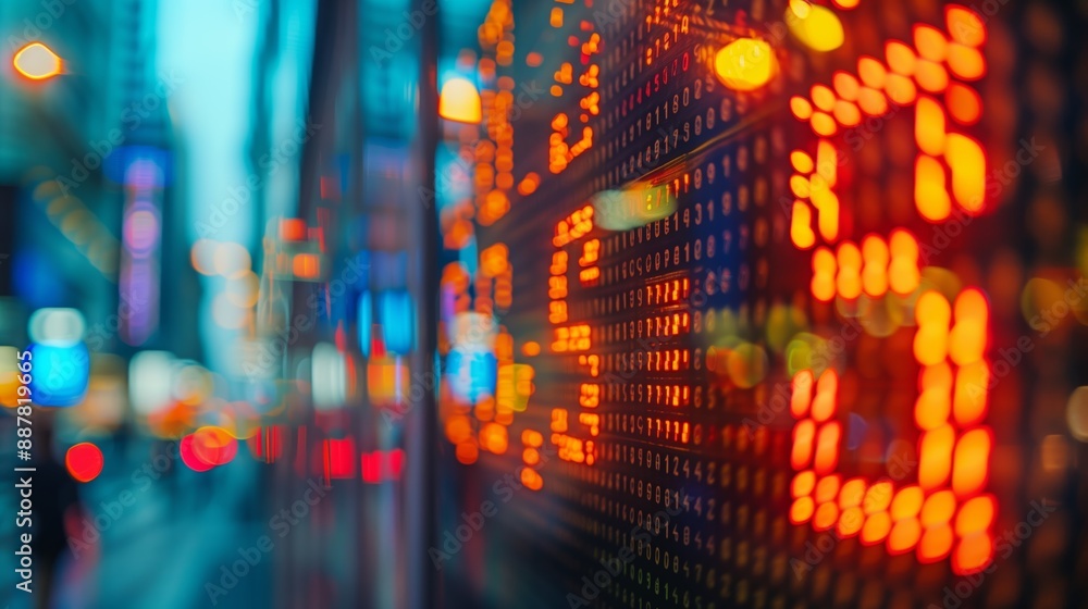 Blurred city lights with a focus on a digital stock market display board, capturing the essence of urban financial activity. Blurred city lights with a focus on a digital stock market display board, capturing the essence of urban financial activity.