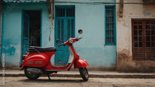 Vibrant red scooter against a charming house backdrop