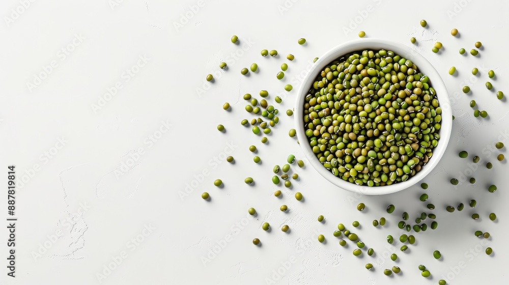 Mung beans in white bowl on white background with space for text Mung beans in white bowl on white background with space for text