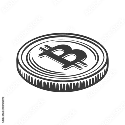Isometric Bitcoin Coin: Vintage Woodcut Style Illustration