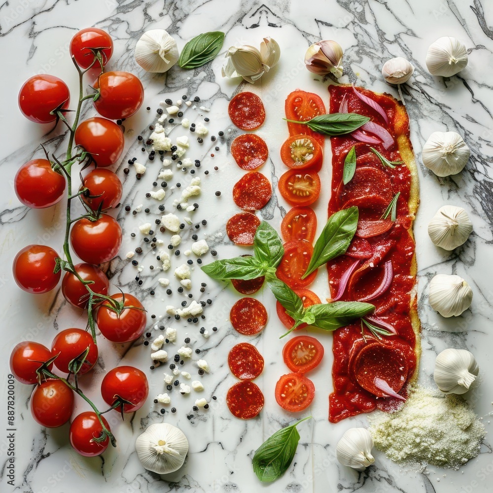 artistic food photography of a deconstructed margherita pizza ingredients arranged in a visually striking composition on a marble surface artistic food photography of a deconstructed margherita pizza ingredients arranged in a visually striking composition on a marble surface