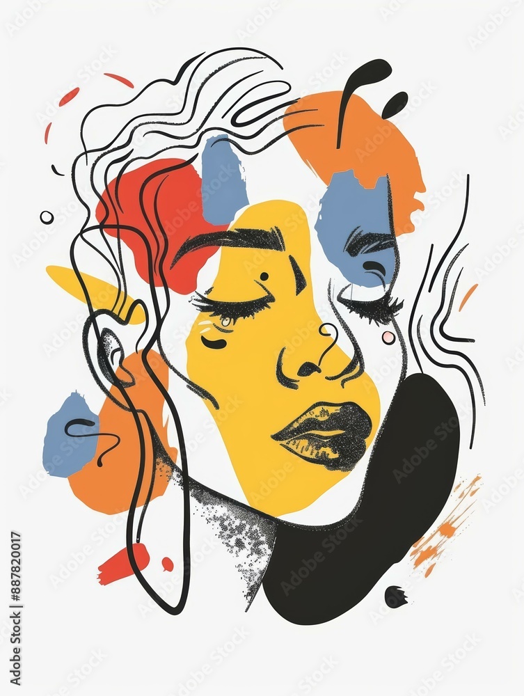 Naklejka premium A digital illustration of a woman's face with her eyes closed, created using bold lines and vibrant colors