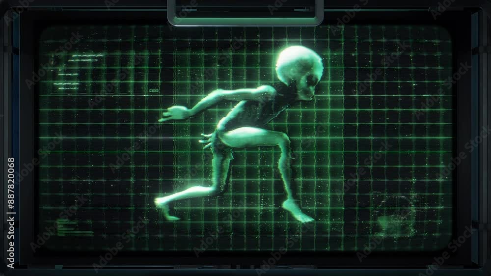 A 3D digital Sci-Fi style data screen featuring a central animated Alien Grey character and grid with graphical data. A 3D digital Sci-Fi style data screen featuring a central animated Alien Grey character and grid with graphical data.