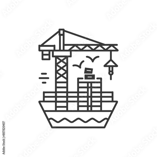 Line Art: Crane Constructing Cargo Ship Building Blocks