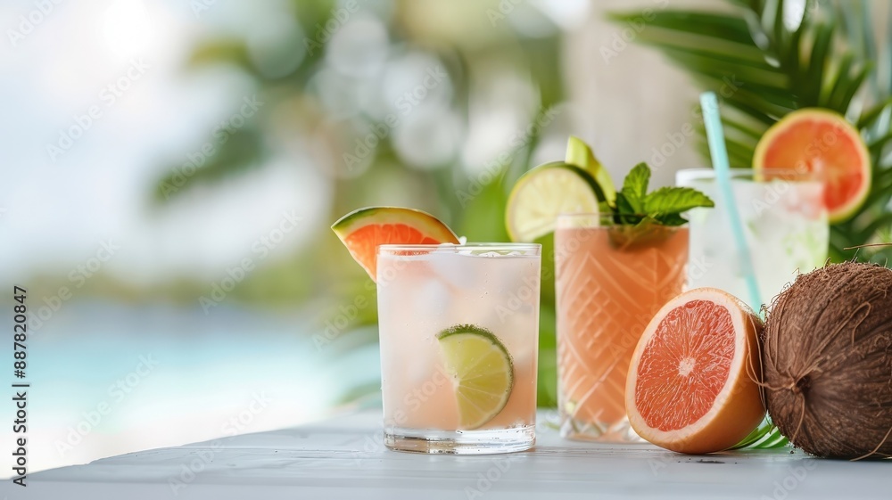 Colorful coconut water cocktails garnished with tropical fruits and herbs. Colorful coconut water cocktails garnished with tropical fruits and herbs.