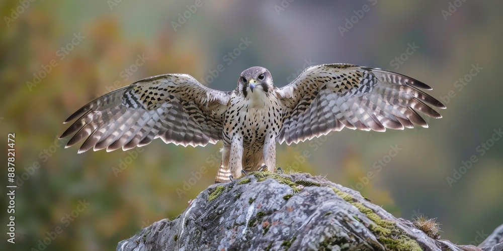 Fototapeta premium Falcon is in natural habitat. Peregrine Falcon bird of prey sitting on a rock or log with nature background. Arabian pet bird.