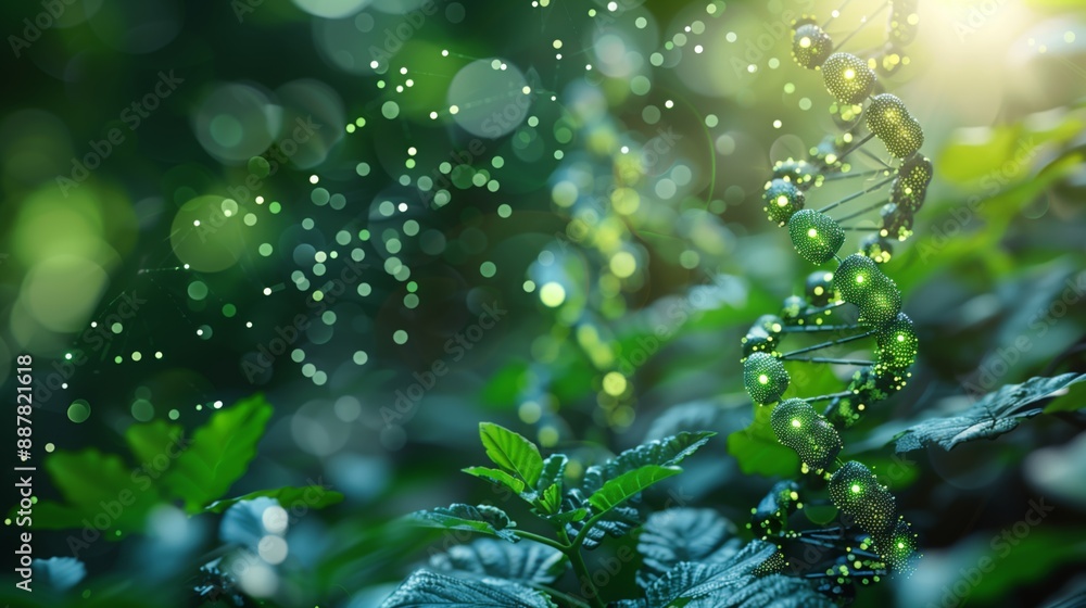 A close-up of a DNA helix in a lush green forest. A close-up of a DNA helix in a lush green forest.