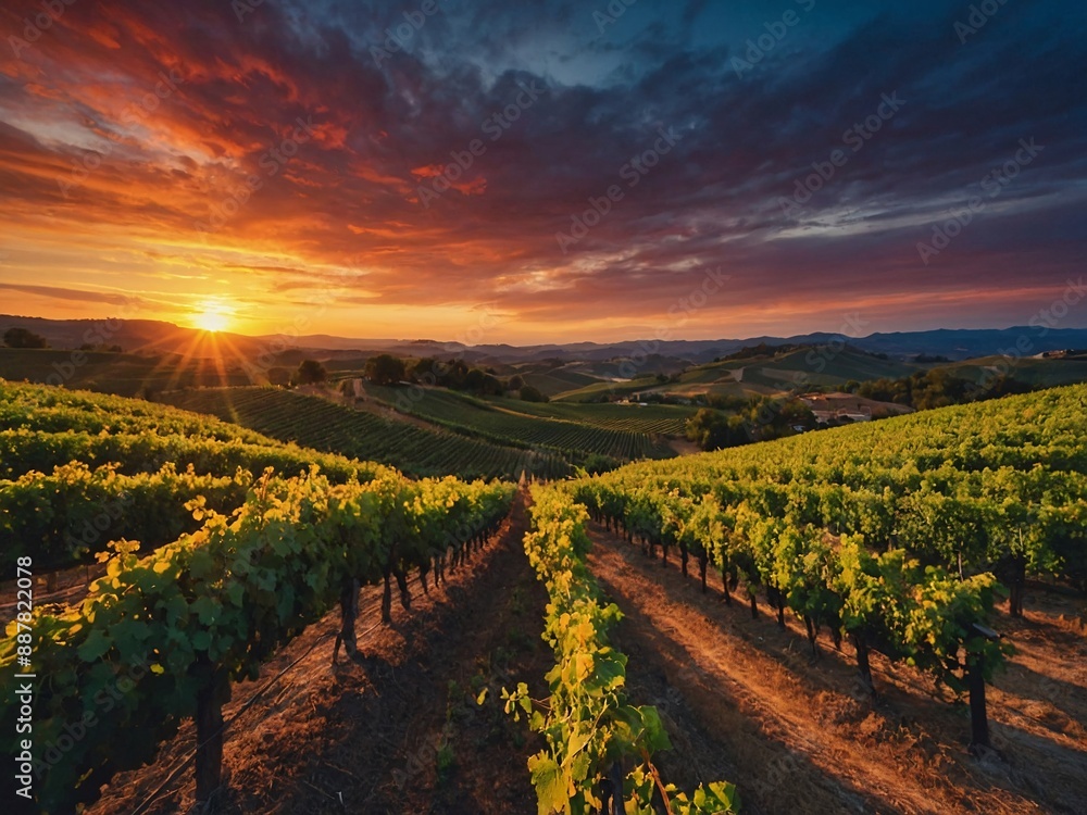 Vibrant sunset colors over rolling vineyards Vibrant sunset colors over rolling vineyards