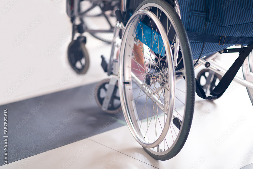 Close-up of wheelchair wheels in hospital The cart that patients are using is waiting in line for treatment Close-up of wheelchair wheels in hospital The cart that patients are using is waiting in line for treatment