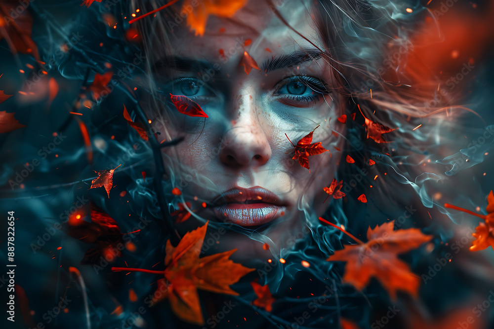 An autumn scene featuring a woman embodying evil, capturing the essence of depression and melancholy. An autumn scene featuring a woman embodying evil, capturing the essence of depression and melancholy.