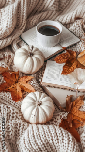 Cozy Autumn Reading with Coffee and Pumpkins © sabyna75