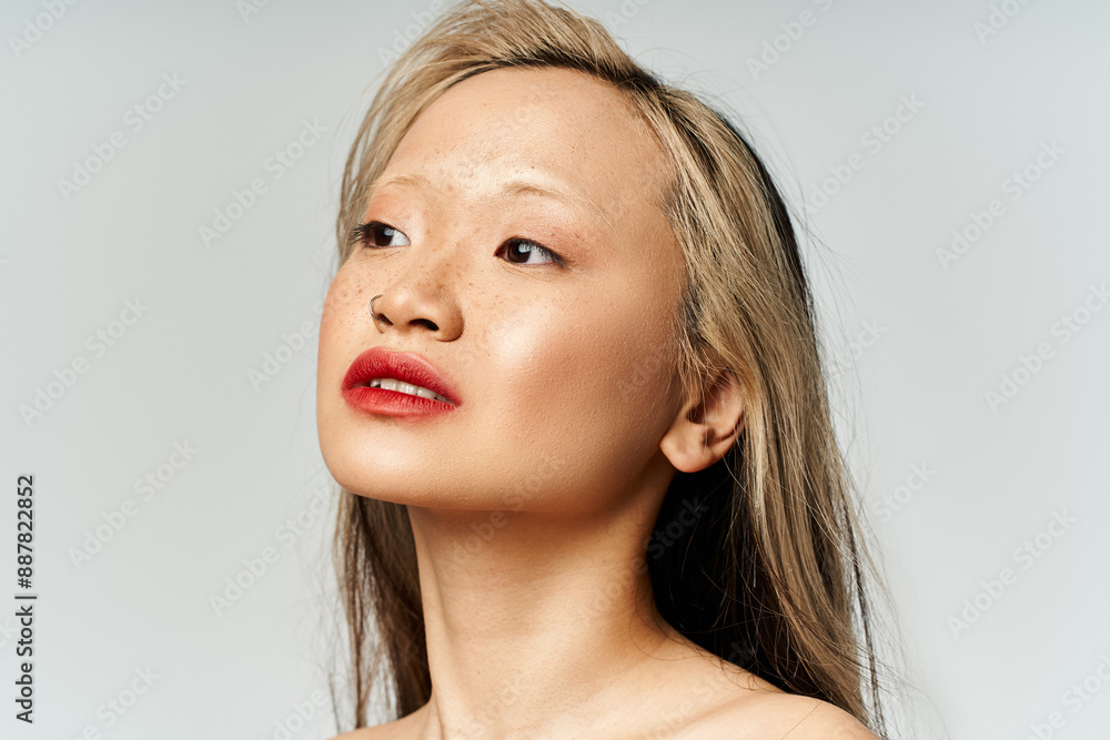 Naklejka premium An alluring Asian woman with long hair and red lipstick strikes a pose in vibrant attire.