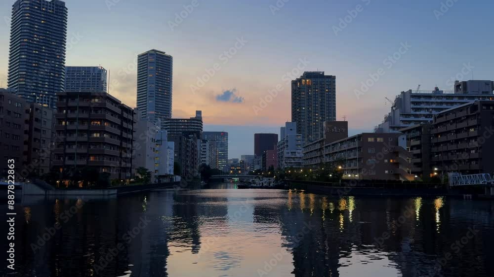 A serene cityscape at dusk with reflections of skyscrapers on a calm river A serene cityscape at dusk with reflections of skyscrapers on a calm river