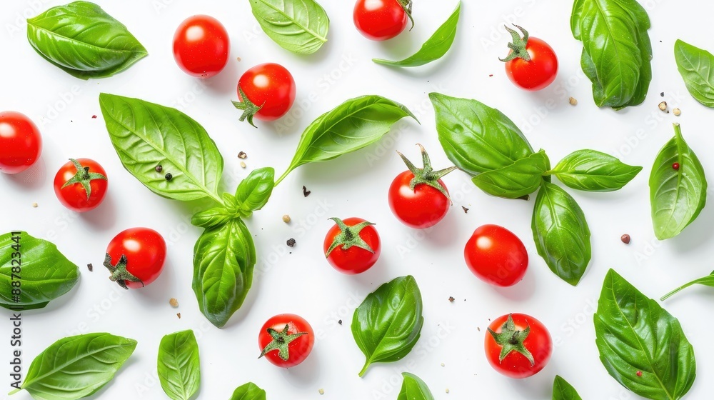 Basil leaves and cherry tomatoes on a white backdrop